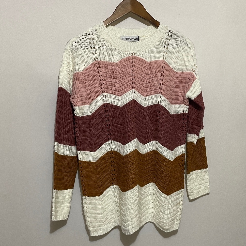 Striped Knit Sweater in Pink, White, and Brown Sz Small